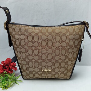 Coach Signature Brown Canvas Leather Trim Duffel Zipper Crossbody Bag